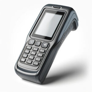 A realistic image of a handheld POS retail scanner, designed for use in retail environments. The scanner is modern, portable, and ergonomic